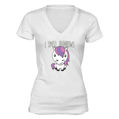 XtraFly Apparel Women's Unicorn I Smell Rainbows Novelty Gag V-neck Short Sleeve T-shirt