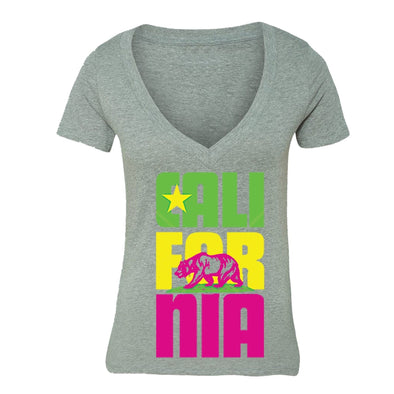 XtraFly Apparel Women's Stacked Cali Neon Bear California Pride V-neck Short Sleeve T-shirt