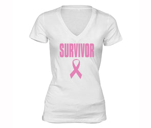 XtraFly Apparel Women's Survivor Pink Breast Cancer Ribbon V-neck Short Sleeve T-shirt