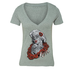 XtraFly Apparel Women's Dead Dia Los Muertos Marilyn Monroe V-neck Short Sleeve T-shirt