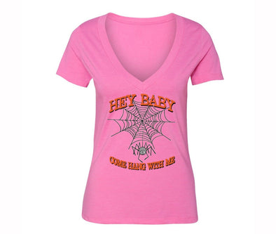 XtraFly Apparel Women's Hey Baby Spider-web Halloween Pumpkin V-neck Short Sleeve T-shirt