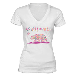 XtraFly Apparel Women's Paisley Pink Bear CA California Pride V-neck Short Sleeve T-shirt