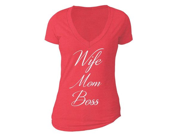 XtraFly Apparel Women's Wife Mom Boss Mother's Day V-neck Short Sleeve T-shirt