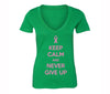 XtraFly Apparel Women's Never Give Up Pink Breast Cancer Ribbon V-neck Short Sleeve T-shirt