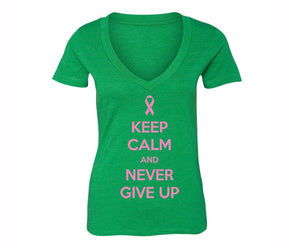 XtraFly Apparel Women's Never Give Up Pink Breast Cancer Ribbon V-neck Short Sleeve T-shirt