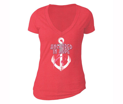 XtraFly Apparel Women's Anchored Hope Breast Cancer Ribbon V-neck Short Sleeve T-shirt