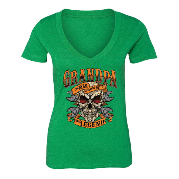 XtraFly Apparel Women's Grandpa Man Myth Legend Skulls Day Of Dead V-neck Short Sleeve T-shirt