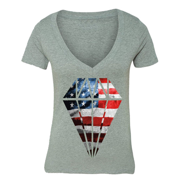 XtraFly Apparel Women's Flag Diamond Crystal American Pride V-neck Short Sleeve T-shirt