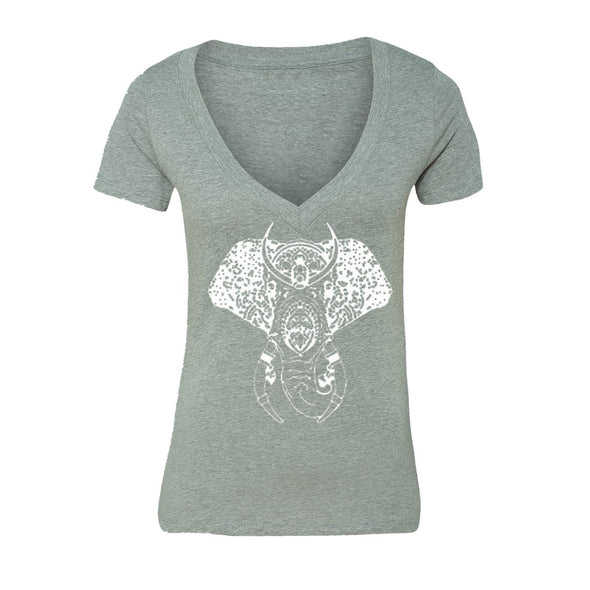 XtraFly Apparel Women's Elephant Head Tusk Tribal Novelty Gag V-neck Short Sleeve T-shirt