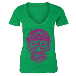 XtraFly Apparel Women's Pink Sugarskull Muerte Skulls Day Of Dead V-neck Short Sleeve T-shirt