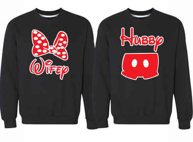 XtraFly Apparel Hubby Wifey Red Bow Valentine's Matching Couples Pullover Crewneck-Sweatshirt