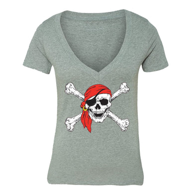 XtraFly Apparel Women's Jolly Roger Rodger Pirate Skulls Day Of Dead V-neck Short Sleeve T-shirt