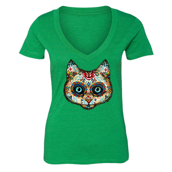 XtraFly Apparel Women's Cat Muerte Sugarskull Skulls Day Of Dead V-neck Short Sleeve T-shirt