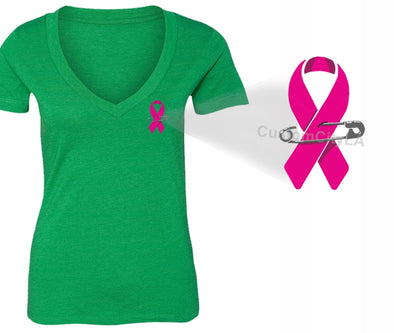 XtraFly Apparel Women's Pocket Pink Ribbon Breast Cancer Ribbon V-neck Short Sleeve T-shirt