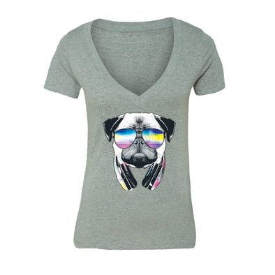 XtraFly Apparel Women's Pug Dog DJ Novelty Gag V-neck Short Sleeve T-shirt