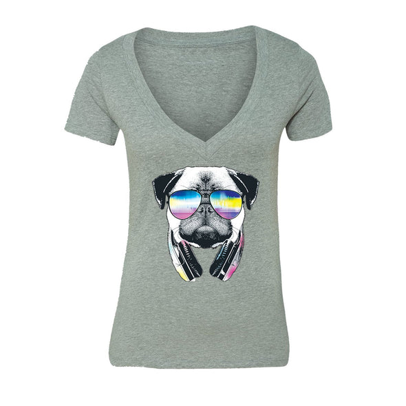 XtraFly Apparel Women's Pug Dog DJ Novelty Gag V-neck Short Sleeve T-shirt