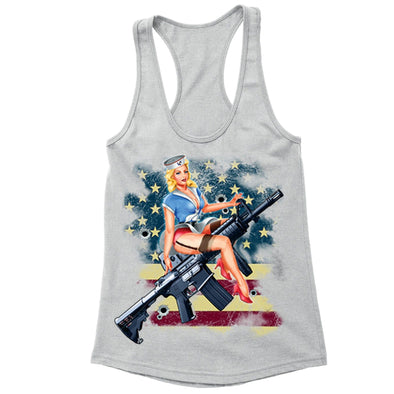 XtraFly Apparel Women's Navy Rifle USA Flag 2nd Amendment Racer-back Tank-Top