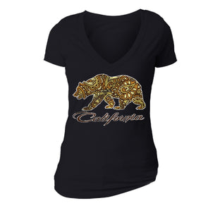 XtraFly Apparel Women's Paisley Brown Bear CA California Pride V-neck Short Sleeve T-shirt