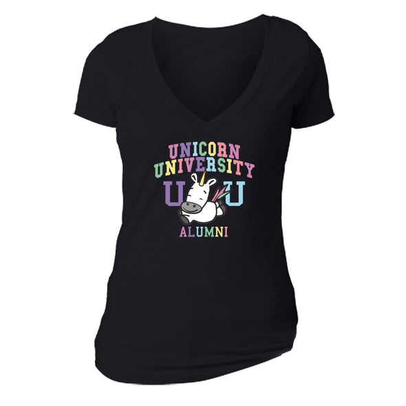 XtraFly Apparel Women's Unicorn University Alumni Novelty Gag V-neck Short Sleeve T-shirt