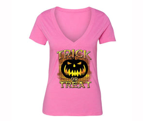 XtraFly Apparel Women's Trick or Treat Bones Halloween Pumpkin V-neck Short Sleeve T-shirt