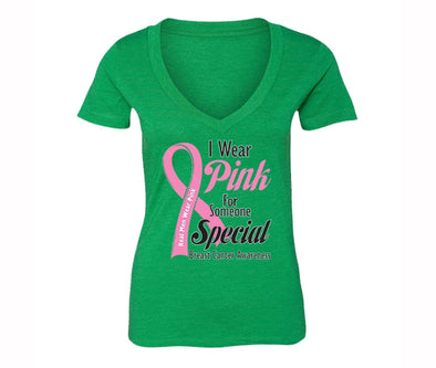 XtraFly Apparel Women's Real Men Wear Pink Breast Cancer Ribbon V-neck Short Sleeve T-shirt