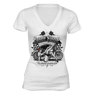 XtraFly Apparel Women's Body Shop Girl Biker Motorcycle V-neck Short Sleeve T-shirt