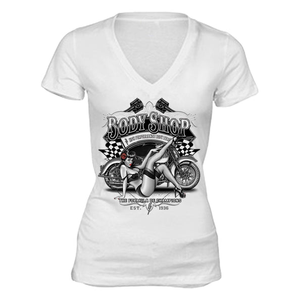 XtraFly Apparel Women's Body Shop Girl Biker Motorcycle V-neck Short Sleeve T-shirt