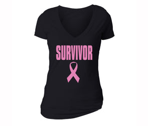 XtraFly Apparel Women's Survivor Pink Breast Cancer Ribbon V-neck Short Sleeve T-shirt