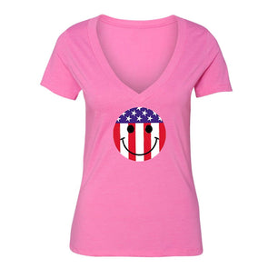 XtraFly Apparel Women's Smiley Emoji Flag American Pride V-neck Short Sleeve T-shirt