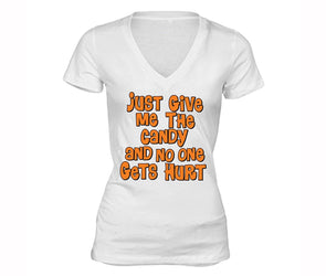 XtraFly Apparel Women's Just Give Me the Candy Halloween Pumpkin V-neck Short Sleeve T-shirt