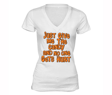 XtraFly Apparel Women's Just Give Me the Candy Halloween Pumpkin V-neck Short Sleeve T-shirt