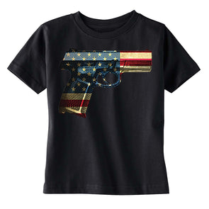 XtraFly Apparel Boys Gun Pistol Flag American Pride Crewneck Short Sleeve T-shirt