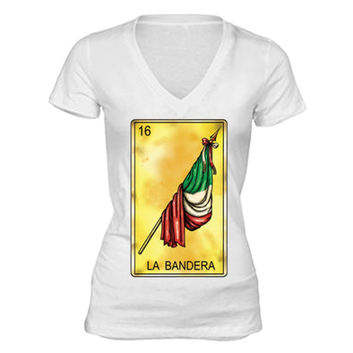 XtraFly Apparel Women's Loteria La Bandera Flag Mexican Heritage V-neck Short Sleeve T-shirt