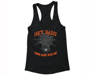 XtraFly Apparel Women's Hey Baby Spider-web Halloween Pumpkin Racer-back Tank-Top