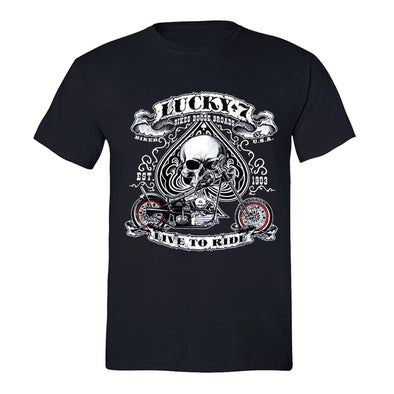 XtraFly Apparel Men's Lucky 7 Skull Live to Ride Biker Motorcycle Crewneck Short Sleeve T-shirt