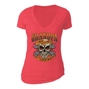 XtraFly Apparel Women's Grandpa Man Myth Legend Skulls Day Of Dead V-neck Short Sleeve T-shirt