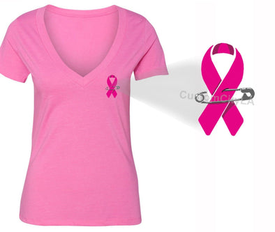 XtraFly Apparel Women's Pocket Pink Ribbon Breast Cancer Ribbon V-neck Short Sleeve T-shirt