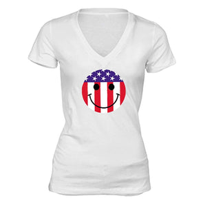 XtraFly Apparel Women's Smiley Emoji Flag American Pride V-neck Short Sleeve T-shirt