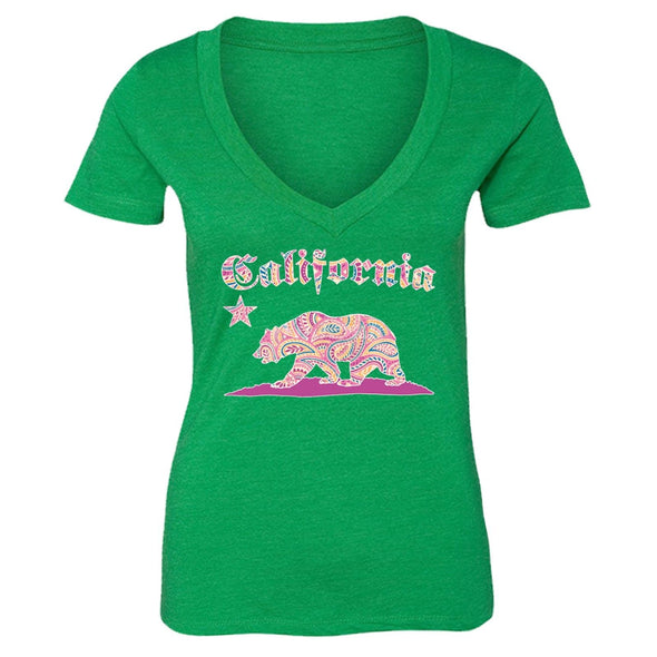 XtraFly Apparel Women's Paisley Pink Bear CA California Pride V-neck Short Sleeve T-shirt