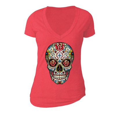 XtraFly Apparel Women's Muerte Cross Sugarskull Skulls Day Of Dead V-neck Short Sleeve T-shirt