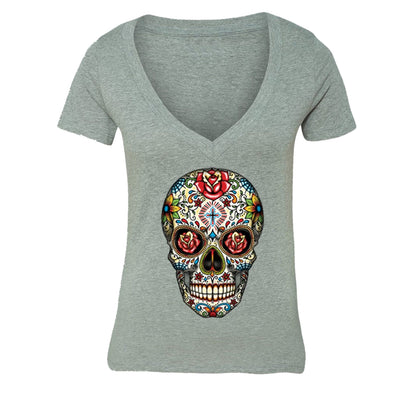 XtraFly Apparel Women's Muerte Cross Sugarskull Skulls Day Of Dead V-neck Short Sleeve T-shirt