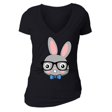 XtraFly Apparel Women's Rabbit Nerd EyeGlasses Easter V-neck Short Sleeve T-shirt