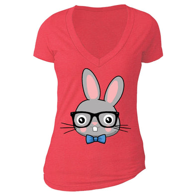 XtraFly Apparel Women's Rabbit Nerd EyeGlasses Easter V-neck Short Sleeve T-shirt