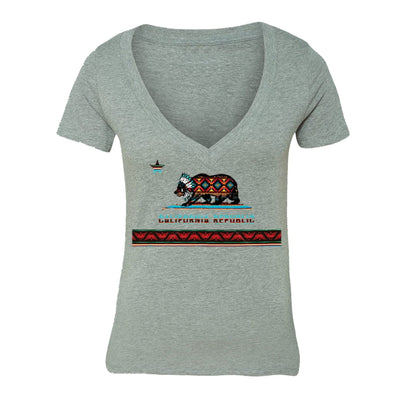 XtraFly Apparel Women's Aztec Tribal Native Bear California Pride V-neck Short Sleeve T-shirt