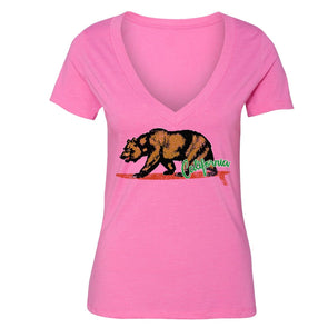 XtraFly Apparel Women's Surfing Bear California Pride V-neck Short Sleeve T-shirt