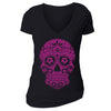 XtraFly Apparel Women's Pink Sugarskull Muerte Skulls Day Of Dead V-neck Short Sleeve T-shirt