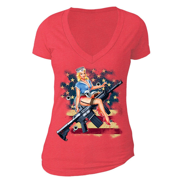 XtraFly Apparel Women's Navy Rifle USA Flag 2nd Amendment V-neck Short Sleeve T-shirt