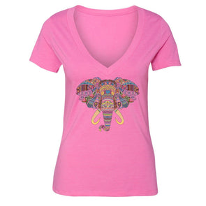 XtraFly Apparel Women's Elephant Head Tusk Pink Tribal Animal V-neck Short Sleeve T-shirt