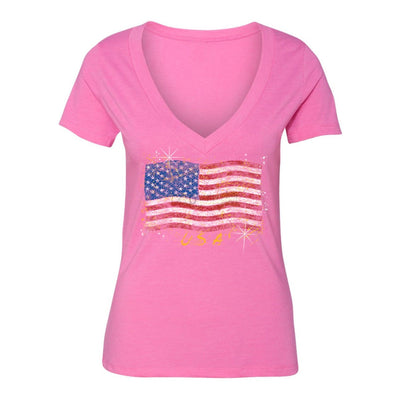 XtraFly Apparel Women's Wavy Flag USA American Pride V-neck Short Sleeve T-shirt