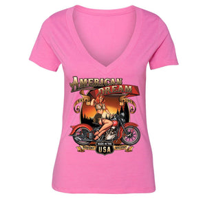 XtraFly Apparel Women's American Dream Milwauke Biker Motorcycle V-neck Short Sleeve T-shirt